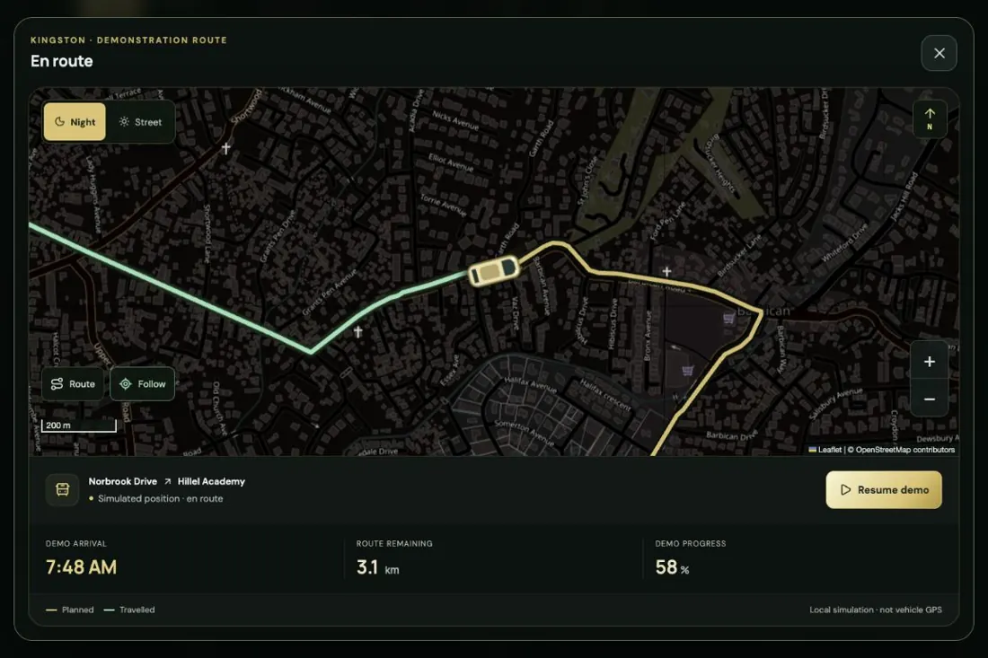 Aurum’s demonstration client portal showing a sample street route, a vehicle marker, and journey progress.